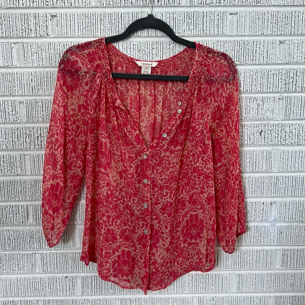 Sundance 💯 Silk Sheer Blouse with 3/4 length Sleeves, Pearlized Buttons, XS